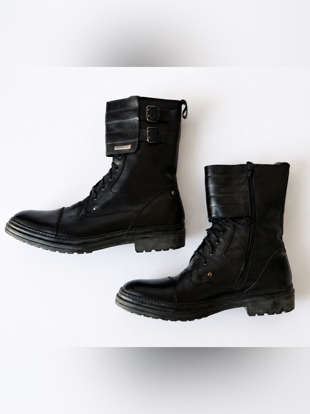 Bruno Magli Black Leather Combat Moto Boots Men’s 10 Lace Up Buckle Italy